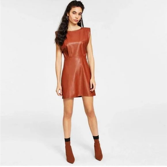 en saison vegan leather dress The Emmy Vegan-Leather Short-Sleeve Mini Dress